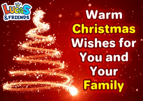 A Lucas And Friends Christmas Card With A Christmas Tree On It GIF