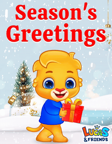 A Lucas And Friends Greeting Card With A Cartoon Character Holding A Gift Box GIF
