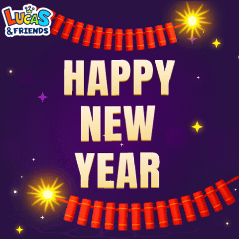 A Lucas And Friends Greeting Card With Fireworks And The Words Happy New Year GIF
