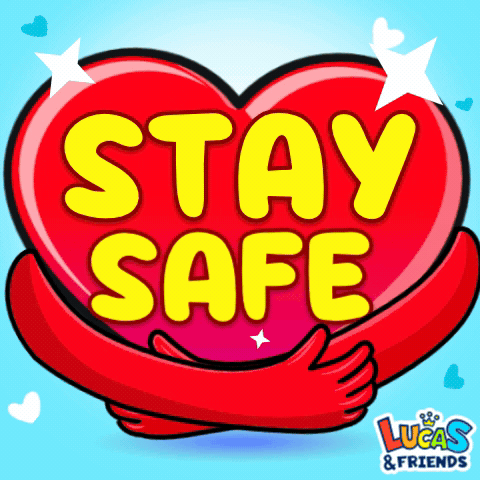 A Lucas And Friends Logo With A Red Heart And The Words Stay Safe GIF