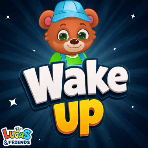 a lucas and friends logo with a teddy bear and the word wake up