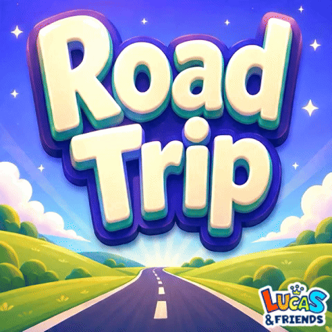 A Lucas And Friends Road Trip Logo With A Road GIF