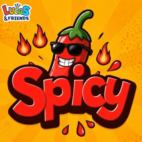 A Lucas And Friends Spicy Logo With A Red Pepper Wearing Sunglasses GIF