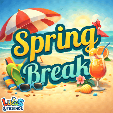 A Lucas And Friends Spring Break Advertisement With A Beach Scene GIF
