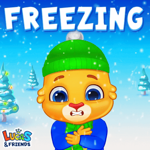 A Lucas & Friends Advertisement With A Cartoon Character Wearing A Green Hat And Scarf GIF