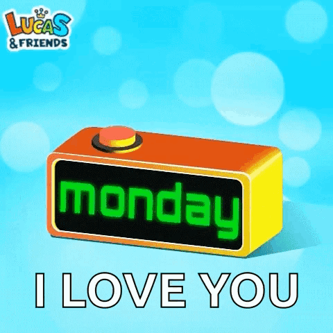 A Lucas & Friends Advertisement With A Clock That Says Monday On It GIF