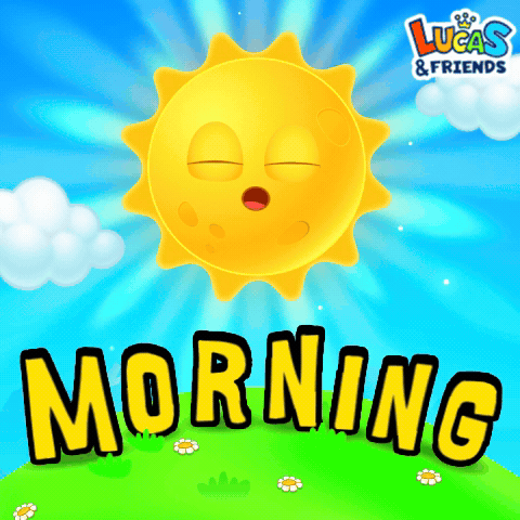 A Lucas & Friends Advertisement With A Sun And The Word Morning GIF