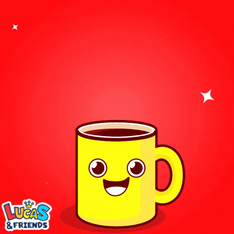 A Lucas & Friends Advertisement With A Yellow Cup Of Coffee GIF