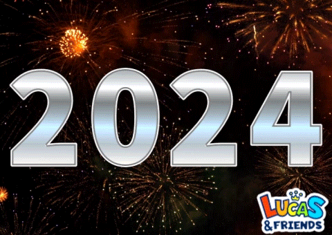 A Lucas & Friends Advertisement With Fireworks Behind The Number 2024 GIF