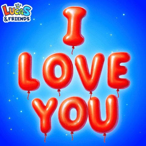 A Lucas & Friends Advertisement With Red Balloons Spelling Out I Love You GIF