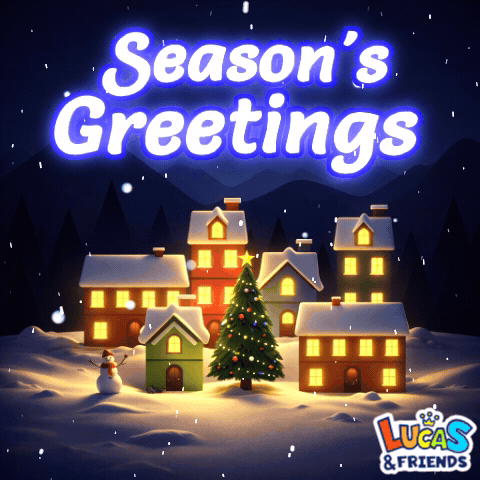 A Lucas & Friends Christmas Greeting Card With A Snowy Village GIF