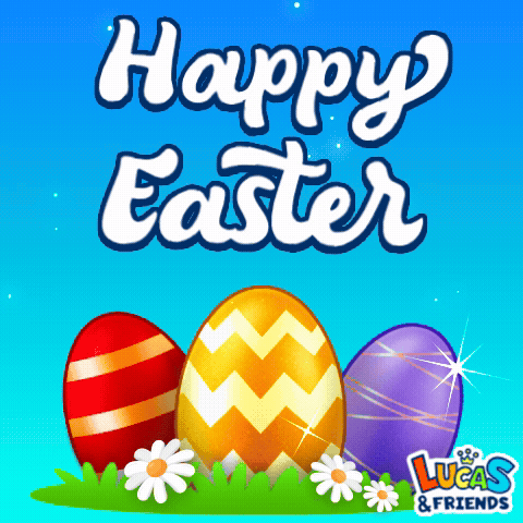 A Lucas & Friends Easter Greeting Card With Three Eggs GIF