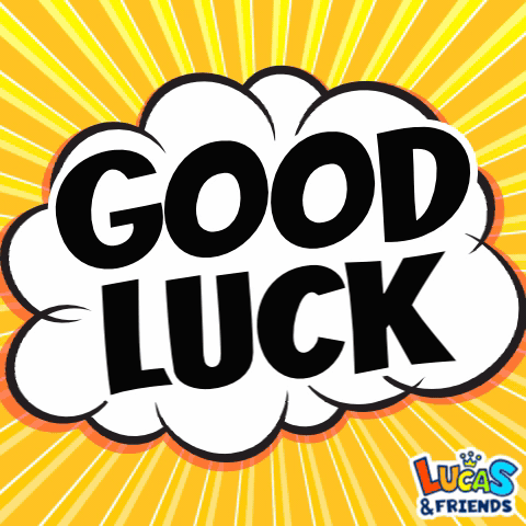 A Lucas & Friends Greeting Card With A Comic Speech Bubble Saying Good Luck GIF