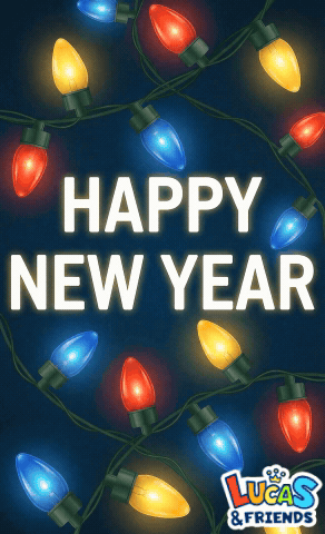 A Lucas & Friends Greeting Card With Colorful Christmas Lights GIF