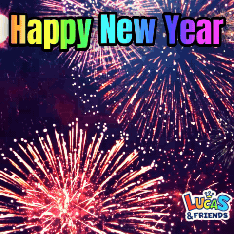 A Lucas & Friends Greeting Card With Fireworks And The Words Happy New Year GIF