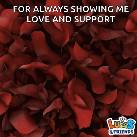 A Lucas & Friends Greeting Card With Red Rose Petals Surrounding The Words Thank You GIF