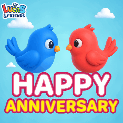 A Lucas & Friends Happy Anniversary Greeting Card With Two Birds GIF