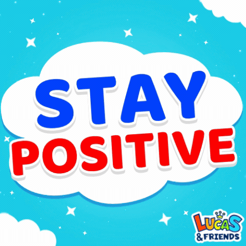 A Lucas & Friends Logo That Says Stay Positive On A Cloud GIF