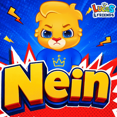 A Lucas & Friends Poster With A Cartoon Character And The Name Nein GIF