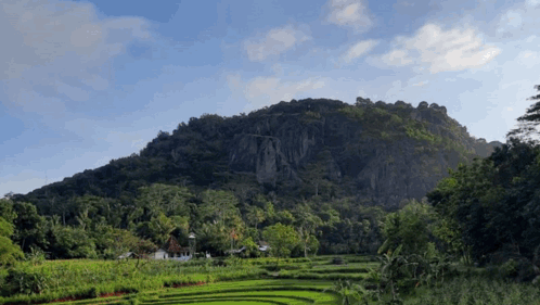A Lush Green Hillside With A Few Houses In The Distance GIF