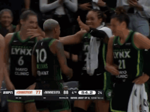 A Lynx Player Is Hugging Another Player During A Basketball Game GIF