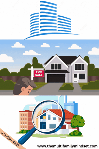 A Magnifying Glass Is Looking At A House With A For Sale Sign In The Background GIF