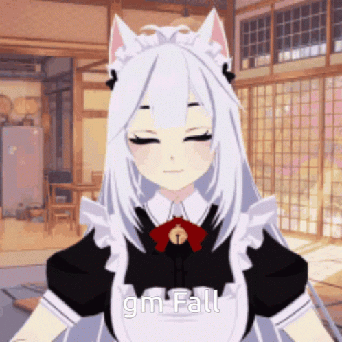 A Maid With White Hair And Cat Ears Says " Gm Fall " On Her Face GIF