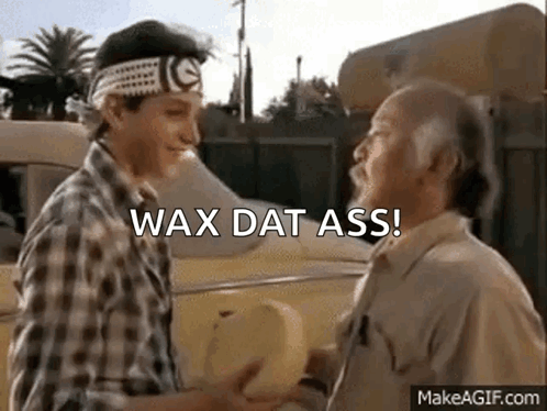 A Man And A Boy Are Shaking Hands In Front Of A Car And The Boy Is Saying `` Wax Dat Ass '' . GIF