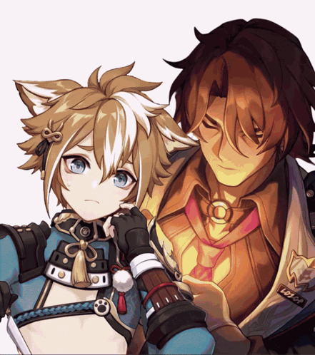 A Man And A Boy Are Standing Next To Each Other And One Of The Boys Has A Badge On His Jacket That Says Loft GIF