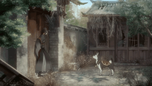 A Man And A Dog Are Standing In Front Of A House GIF
