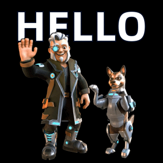 A Man And A Dog Are Standing Next To Each Other With The Word Hello Above Them GIF