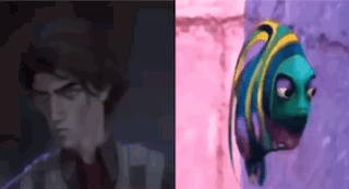 A Man And A Fish Are Standing Next To Each Other Next To A Wall . GIF