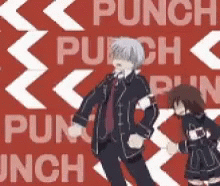 A Man And A Girl Are Dancing In Front Of A Red Background That Says Punch Punch GIF