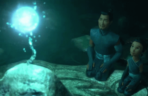 A Man And A Girl Are Looking At A Glowing Object In The Water GIF