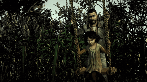 A Man And A Girl Are Sitting On A Swing In A Dark Forest GIF