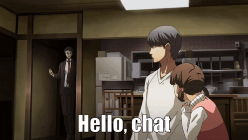 A Man And A Girl Are Standing In A Room With The Words Hello Chat On The Screen GIF