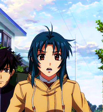 A Man And A Girl Are Standing Next To Each Other And The Girl Has Blue Hair GIF