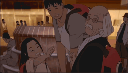 A Man And A Girl Are Standing Next To Each Other In A Crowded Area GIF