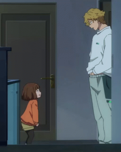 A Man And A Girl Are Standing Next To Each Other In Front Of A Door GIF