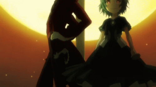 A Man And A Girl Are Standing Next To Each Other In Front Of A Yellow Background GIF