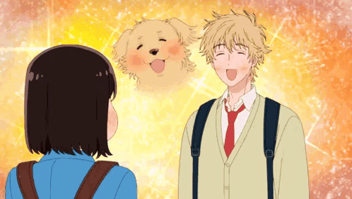 A Man And A Girl Are Standing Next To Each Other With A Dog Flying In The Background GIF