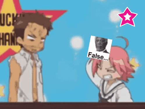 A Man And A Girl Are Standing Next To Each Other With A Sign That Says ' False ' GIF
