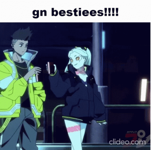 A Man And A Girl Are Standing Next To Each Other With The Words Gn Besties Written Above Them GIF