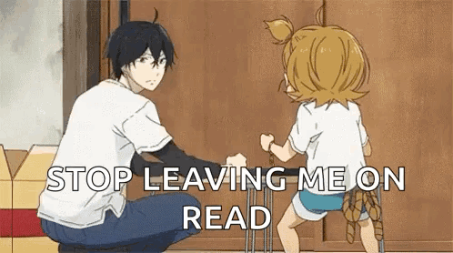 A Man And A Girl Are Standing Next To Each Other With The Words `` Stop Leaving Me On Read '' On The Bottom . GIF