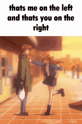 A Man And A Girl Are Standing Next To Each Other With The Words Thats Me On The Left And Thats You On The Right Above Th GIF