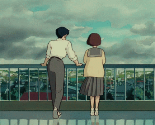 Man And Girl Standing On Balcony Looking At City GIF