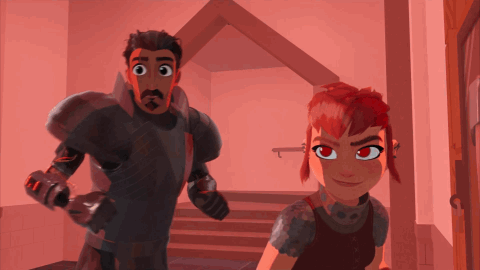 A Man And A Girl Standing Next To Each Other In A Hallway GIF