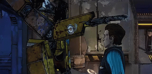 A Man And A Robot Are Standing Next To Each Other In A Room In A Video Game . GIF