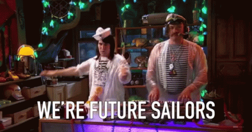 A Man And A Woman Are Dancing In A Room With The Words We 'Re Future Sailors Written On The Wall GIF