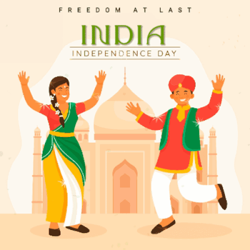 A Man And A Woman Are Dancing In Front Of A Building That Says India Independence Day GIF